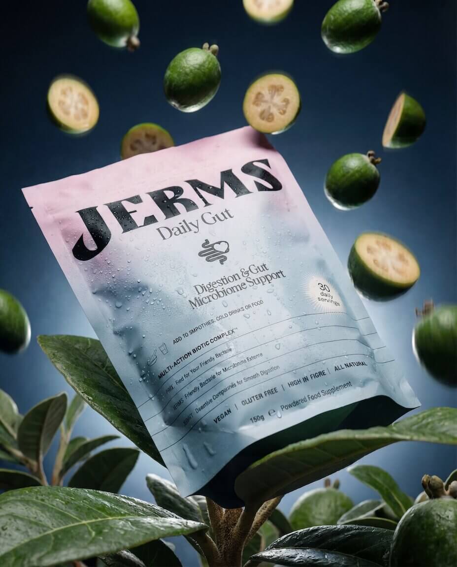 JERMS Daily Gut pouch with fresh feijoa fruit — Feiolix extract supports natural GLP-1
