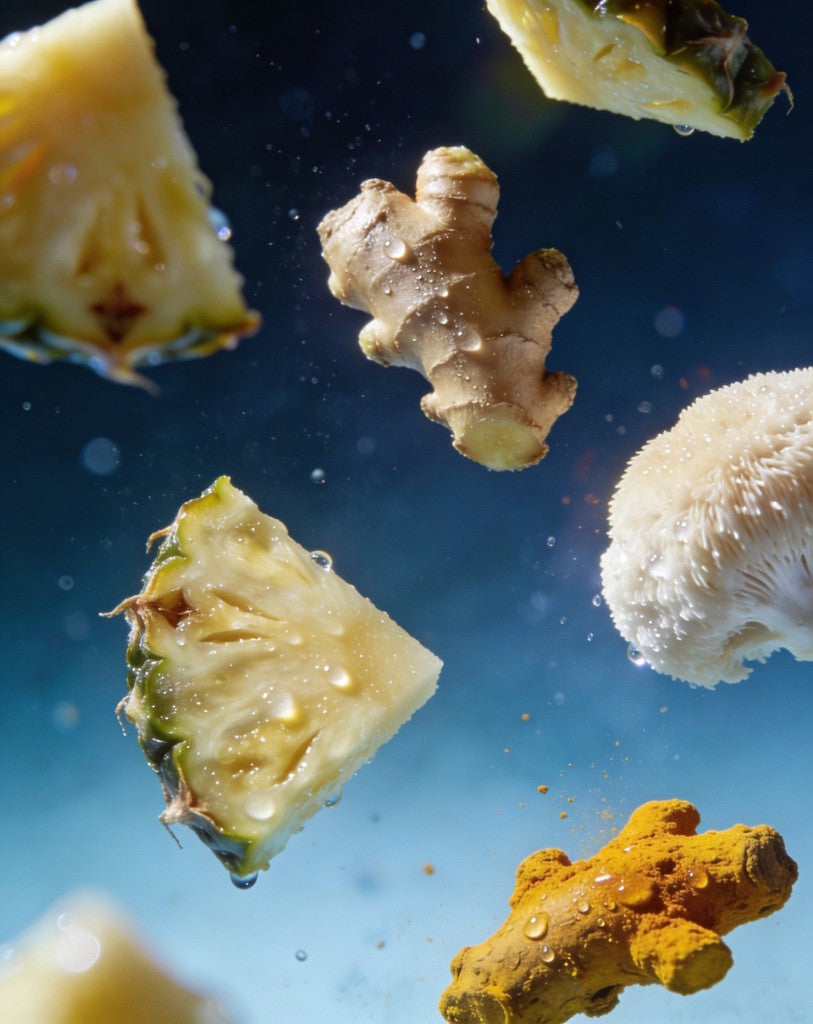 Natural ingredients — ginger, turmeric, pineapple, and Lion's Mane — food-derived formula